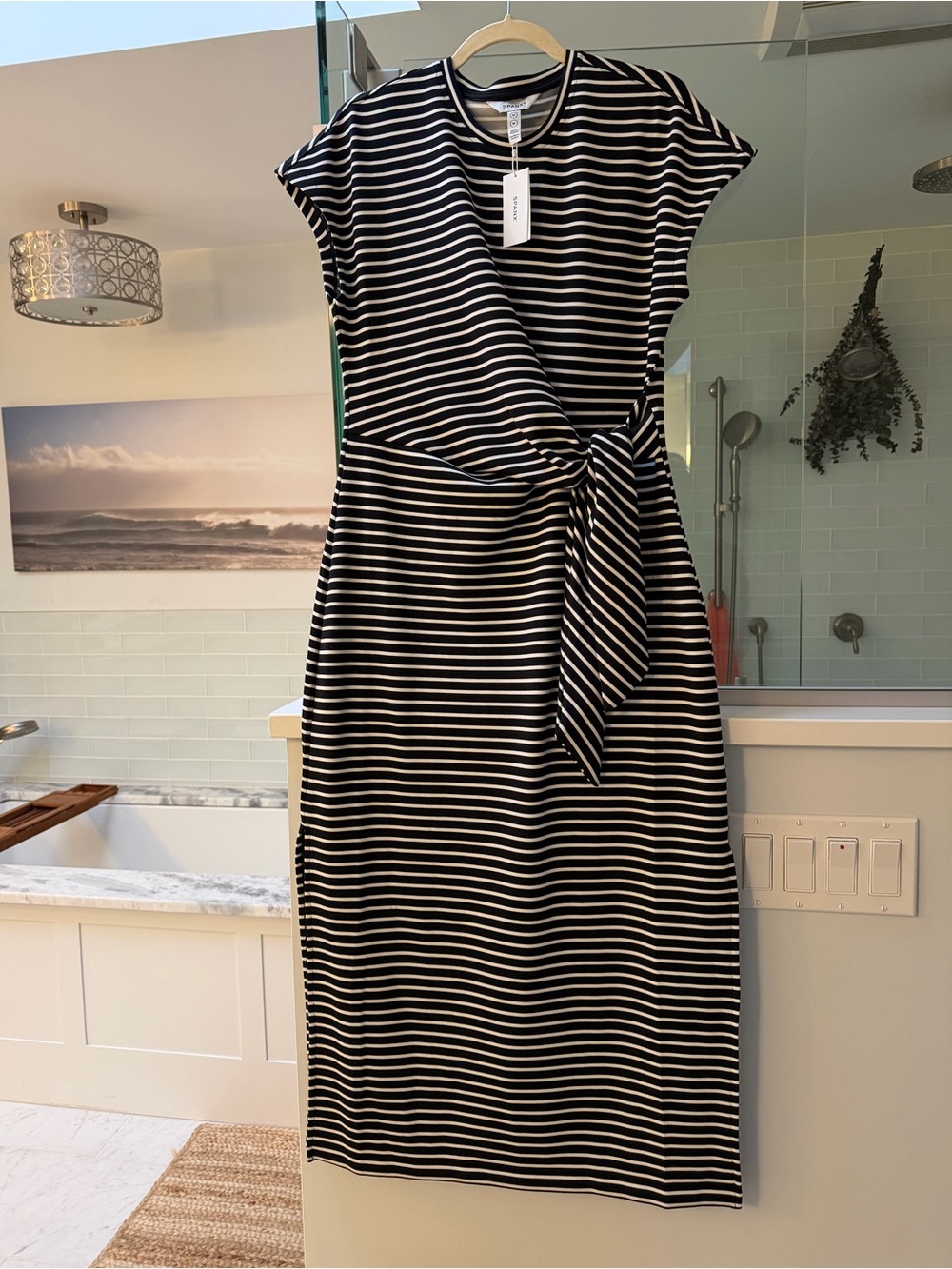 New with Tags Spanx Air Essentials Black and White Striped Tie-Waist Maxi Dress - Picture 2 of 12